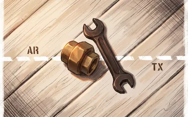 Illustrated still life of a brass pipe union and an open-end wrench crossing a chalk-drawn dashed line on a wooden workbench, with hand-stencilled letters AR to the left of the line and TX to the right of the line