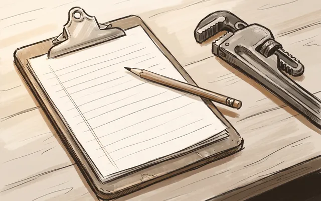 Illustrated still life of a work-order clipboard and a pencil resting beside a single pipe wrench on a wooden workbench